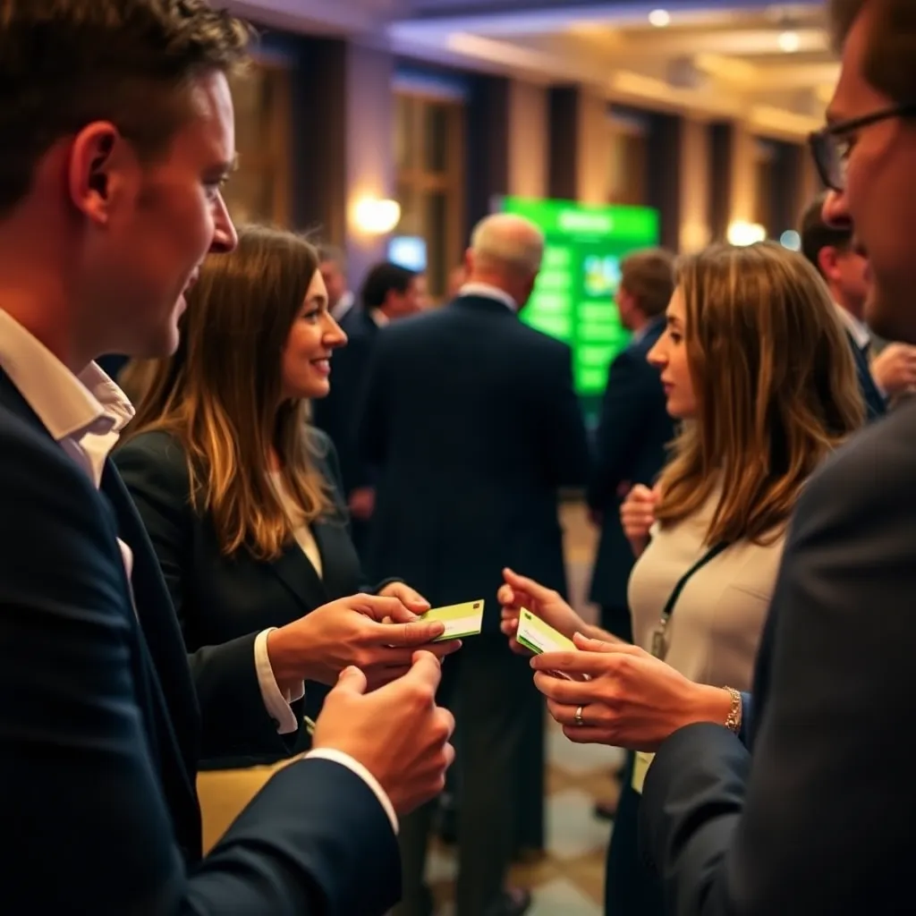 Netwerkevenement in Amsterdam met professionals die visitekaartjes uitwisselen