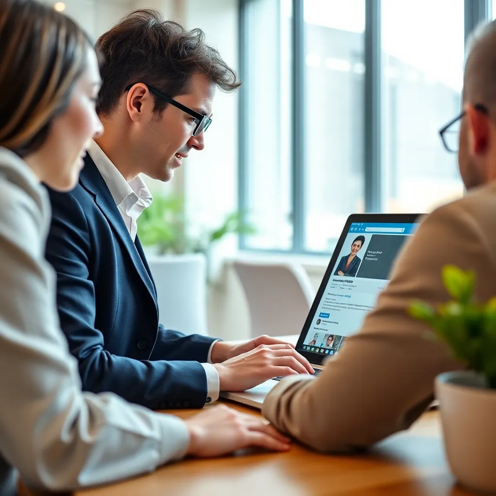 Consultant helpt cliënt bij het optimaliseren van LinkedIn profiel op laptop