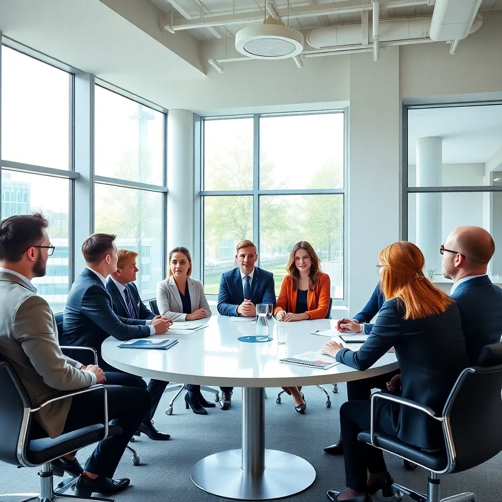 Professionals tijdens een branchebijeenkomst in een moderne Nederlandse vergaderruimte