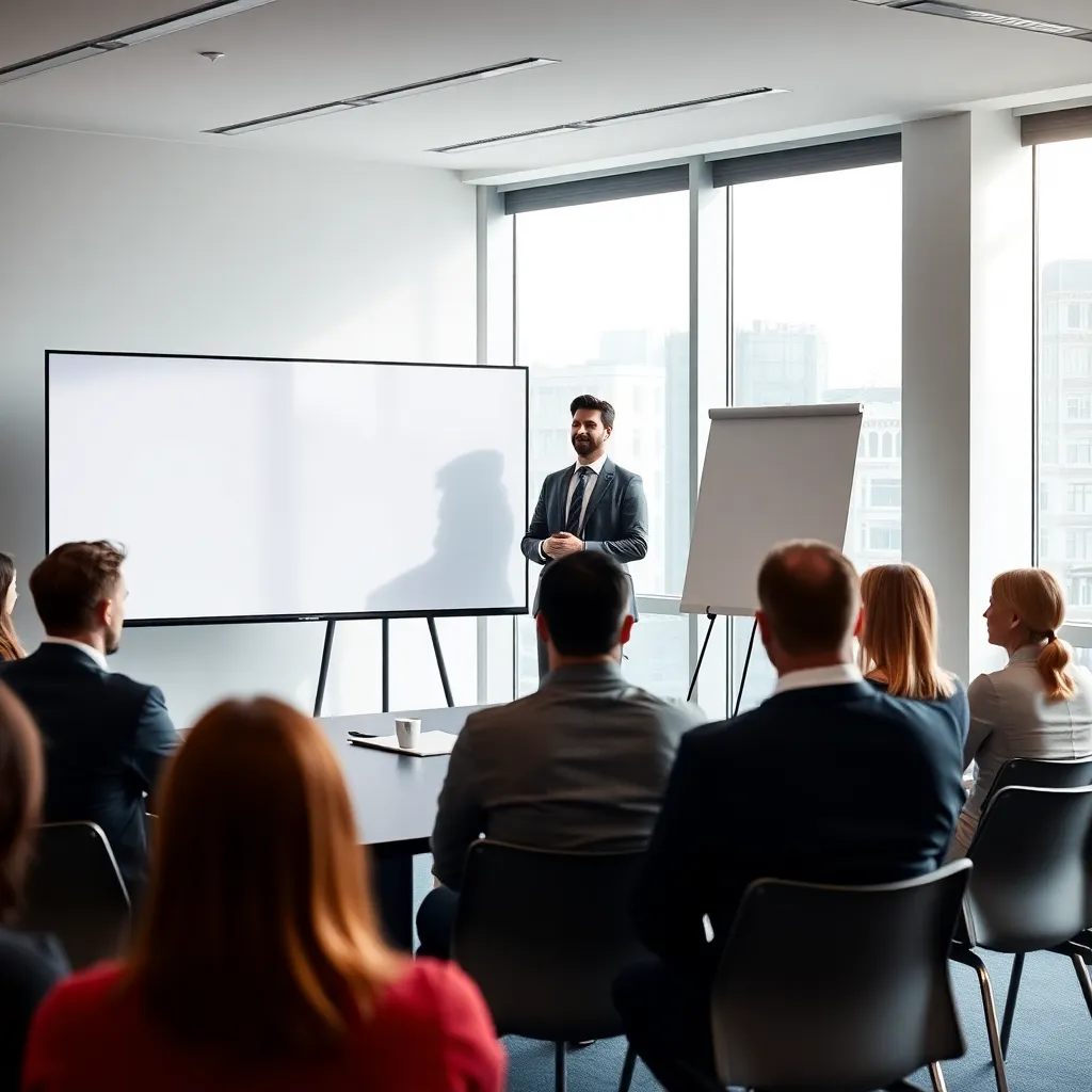 Nederlandse professional geeft presentatie aan collega's in moderne vergaderruimte