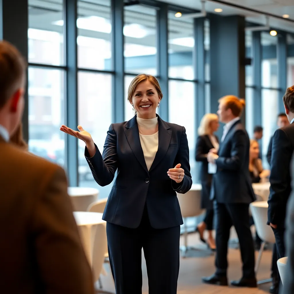 Vrouw in professionele zakelijke kleding presenteert zichzelf tijdens een netwerkbijeenkomst